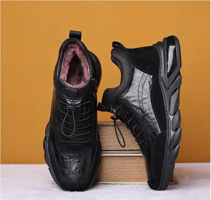 black Genuine Leather Wool Men Winter Shoes Cow Leather Super Warm Size 38~44 Winter Boots Non-Slip Snow Boots