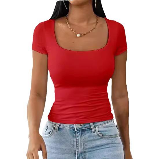 Dames 2025 Sommer U-hals Slim Casual T-skjorte - Kort Ermet Mote Pullover