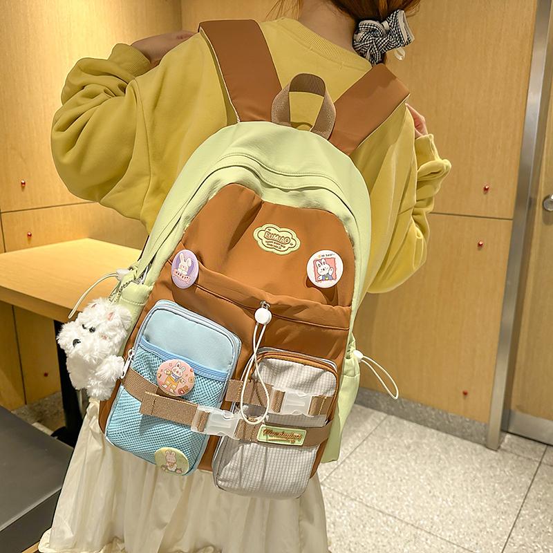 Women's Large Capacity Backpack Color Block Schoolbag for Primary and Secondary School Students