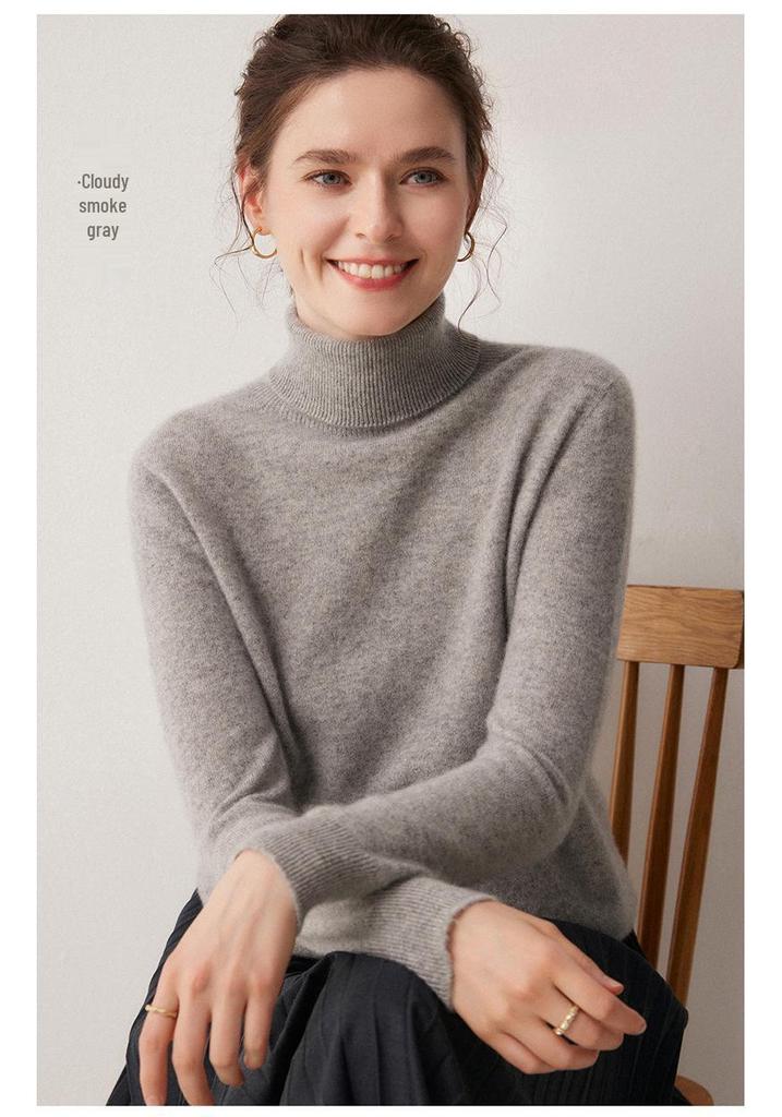 100% Cashmere Women's High Neck Solid Color Loose Fit Sweater for Autumn/Winter
