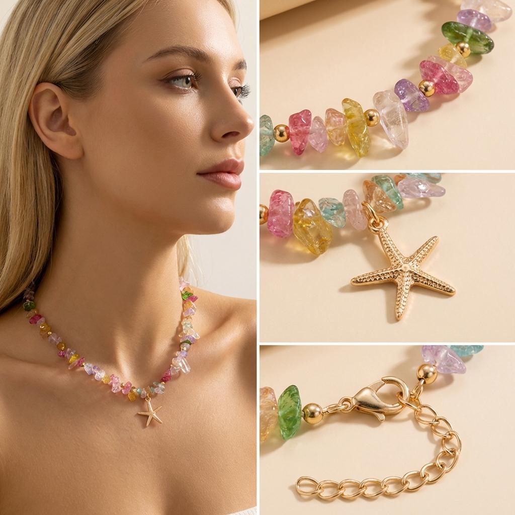 Bohemian Colorful Natural Crushed Stone Choker for Women Creative Crystal Beaded Starfish Pendant Necklace Beach Jewelry Gift