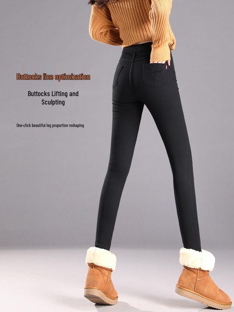 Women's Slimming Lambswool Pencil Pants, Plus Velvet Thickening, Elastic Autumn/Winter Base Layer In Black