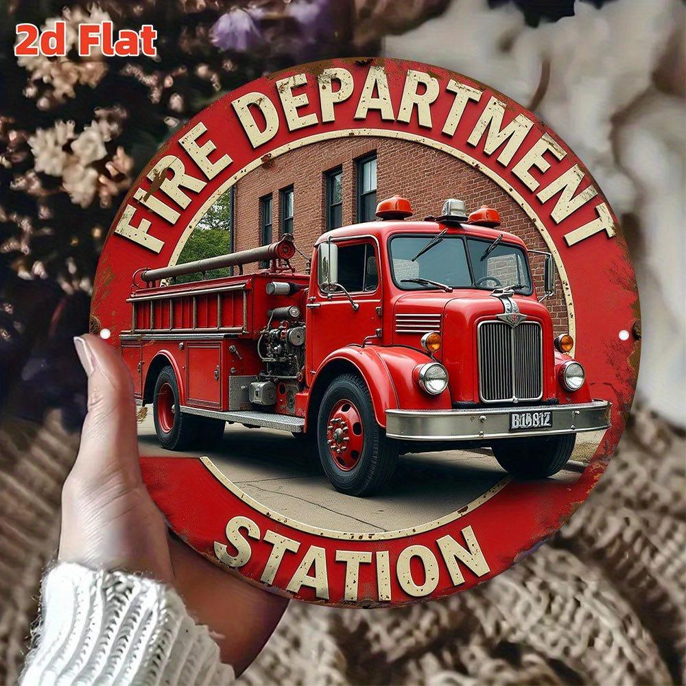 Vintage Fire Department Station Retro Red Fire Truck Distressed Round Metal Tin Sign Nostalgic Firefighter Emergency Servi 20x20cm(8x8inch)