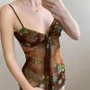 Top Canotta da Donna Estiva con Spalline Sottili, Stampa Floreale Paisley, Rete Trasparente, Nodo Frontale, Vestibilità Aderente