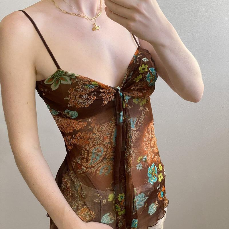 Top Canotta da Donna Estiva con Spalline Sottili, Stampa Floreale Paisley, Rete Trasparente, Nodo Frontale, Vestibilità Aderente