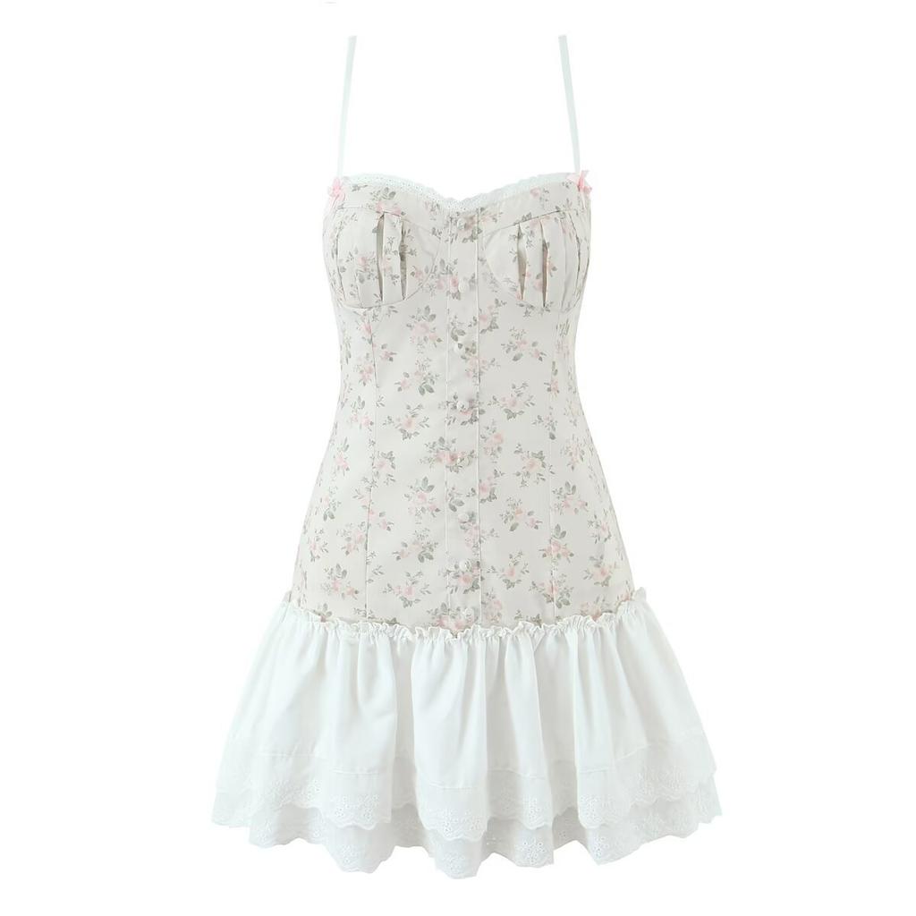 Spring new French European and American slim and thin V-neck lace-up splicing printing gentle wind sling female