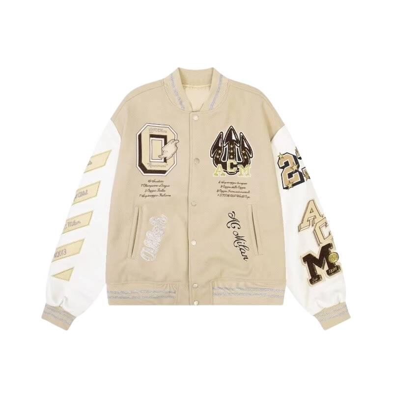 Tide Brand AC Milan Embroidery Leather Sleeve Baseball Jacket
