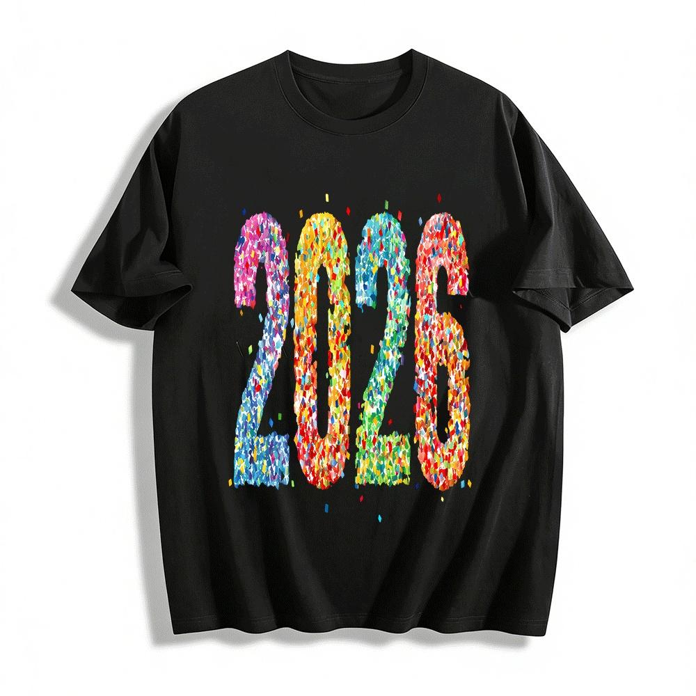 2026 New Year Themed Colorful Confetti Print Casual Top Pure cotton T-shirt XXS
