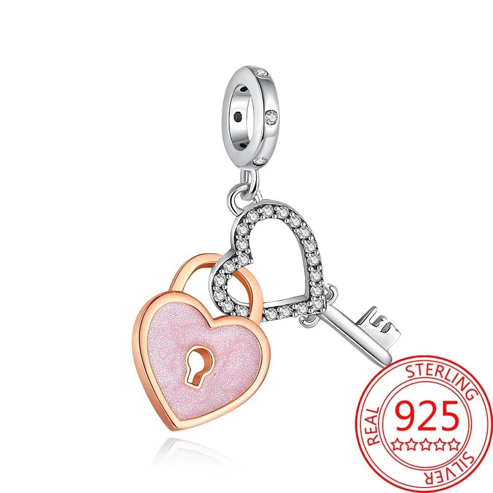 Charms Lucchetto Chiave in Argento 925 Ciondoli a Forma di Cuore per Bracciale Gioielli Fai da Te Regalo