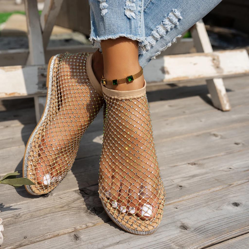 Fashion Round Toe Women Sandals Famous Diamond Studded Short Boots Hollowed Out Internet Sandals Summer Sexy Plus Size Flat Shoes Women
