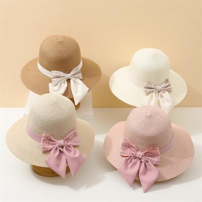 Straw Hat Women's Summer Plaid Beach Hat Sunscreen Vacation Visor Bow Bucket Hat Sun Hats Basin Hats