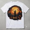 Men's Halloween-themed T-shirt Featuring a Witch and Sunset Scene FREESHIPS
