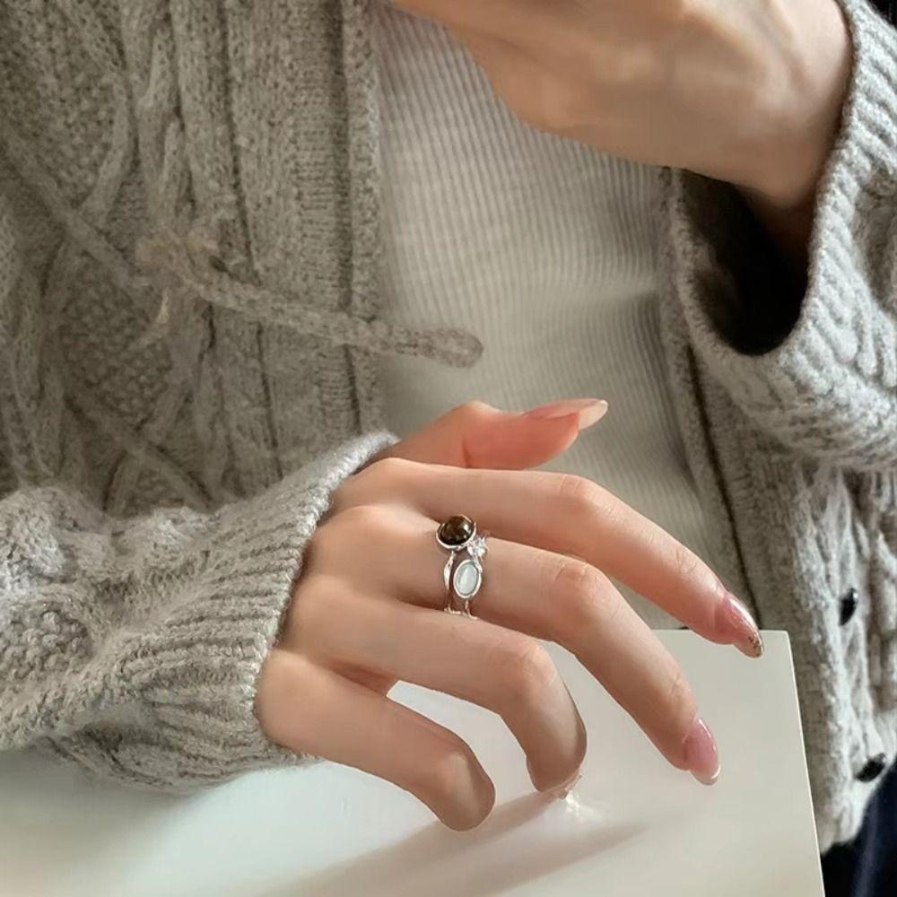 Open Ring Zircon Double Layer Ring Brown Stone Geometric Resizable Ring  Aesthetic Accessories