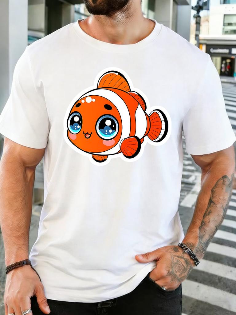 Unisex Cotton Tee Kawaii Cartoon Clownfish Sticker Graphic Short Sleeve Tshirt For Ocean Animal Lovers Daily Casual Street Top
