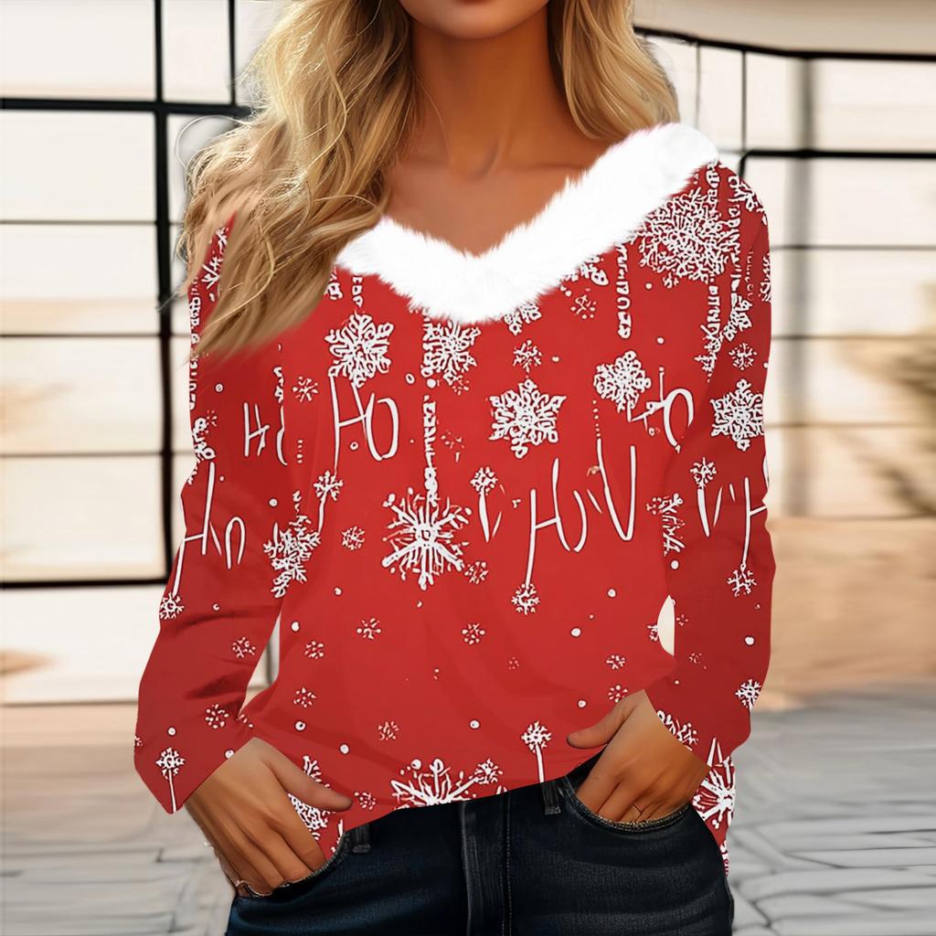 Women's Fashion Long Sleeve Christmas V-Neck Printed Party Furry Top