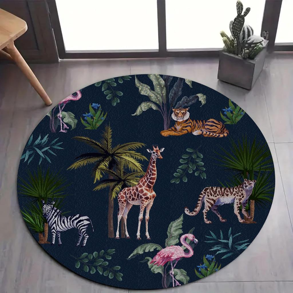 Tropical Jungle Round Rug for Bedroom, 4ft, Tropical Wildlife Runner Carpet Lion Tiger Giraffe Carpets for Entryway Non-Slip Mat