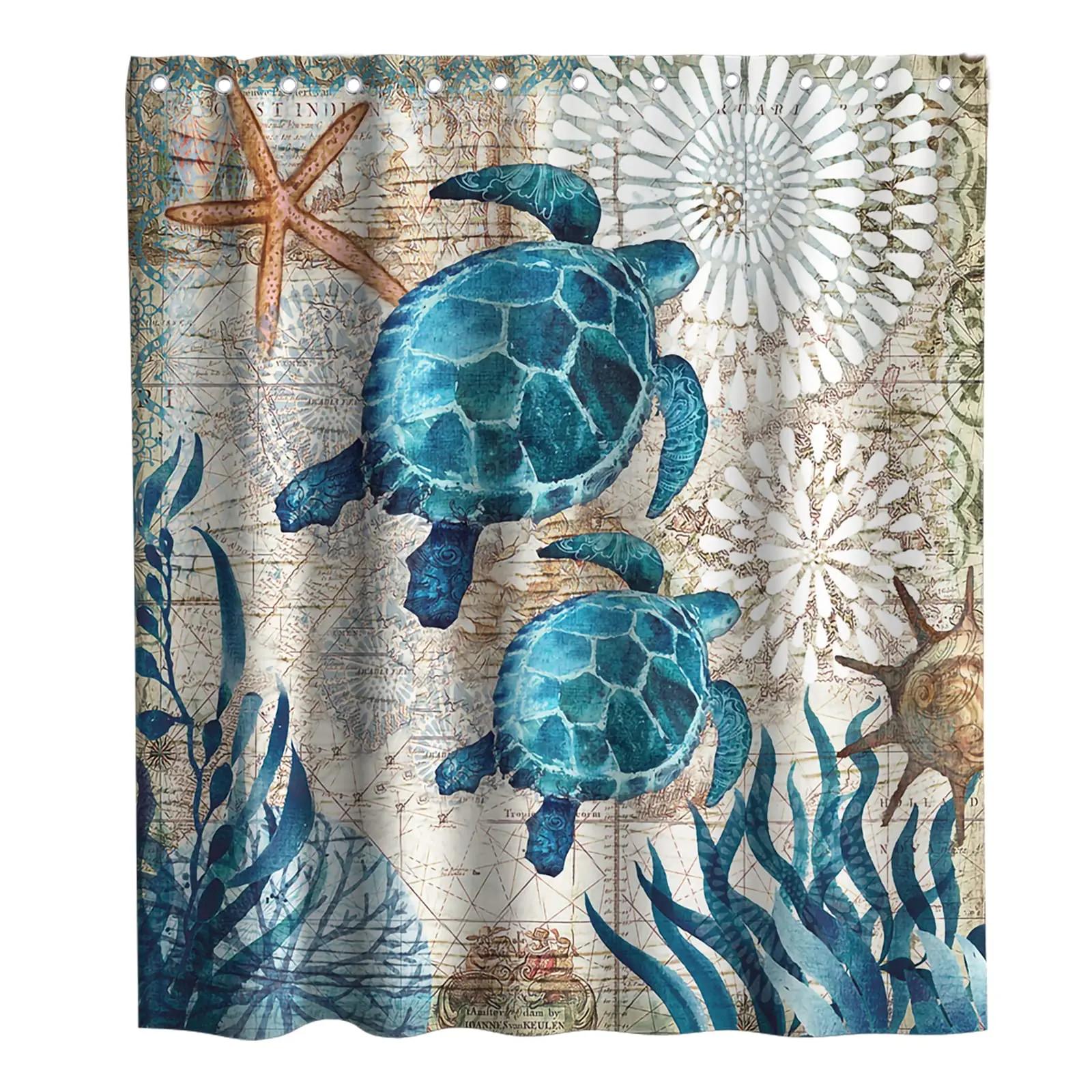 Sea Turtle Shower Curtain Underwater Ocean Fishes Coral Reef Marine Life Bathroom Curtains with Hooks Blue Bathtub Screen Decor W90xH180cm
