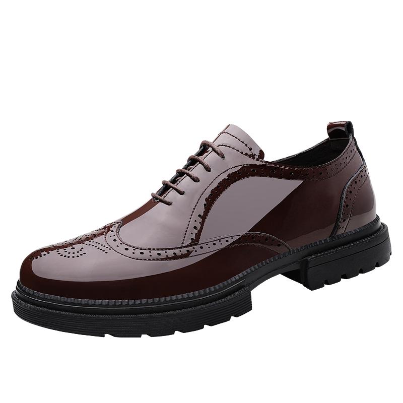 High End Brand Men's Shiny Leather Shoes Thick Soled Lace Up Brogue Shoes Classic Brown Men's Business Banquet Dress Shoes