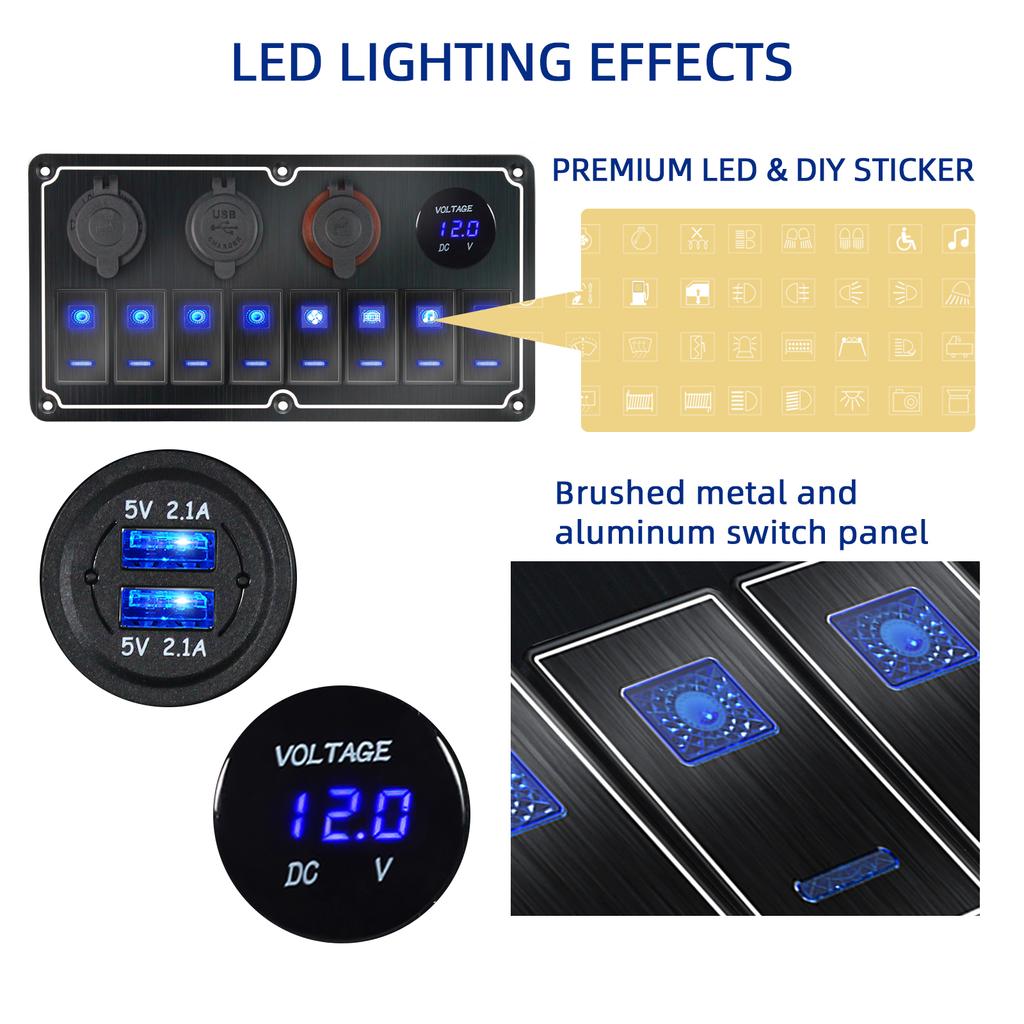 2/4/6/8 Group Waterpoof Switch Panel Dual USB Socket Digital Voltmeter Cigarette Lighter Power Outlet Dual Blue Light 12/24V