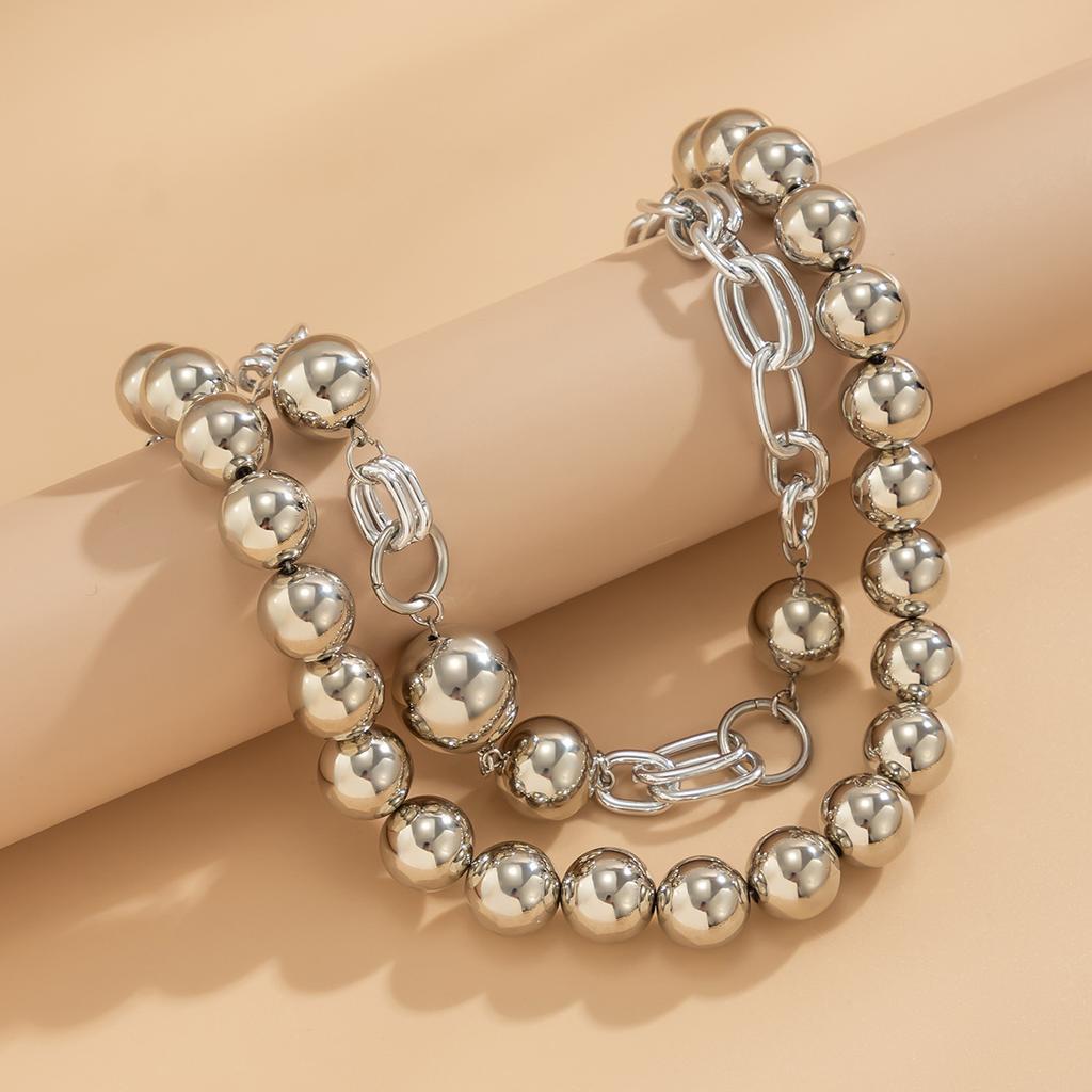 Creative punk style round bead double layer necklace with exaggerated metal chain
