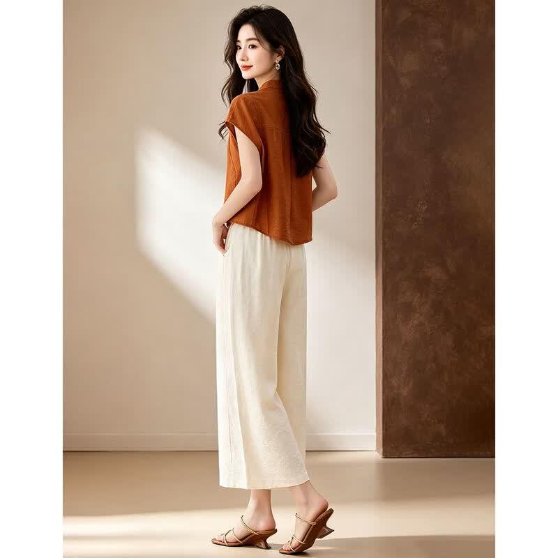 D.F.DEAR Women's Stand Collar Sleeveless Shirt & Wide-Leg Pants Set