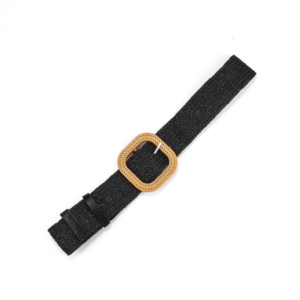 Bohemian Cotton And Linen Wind Pp Grass Woven Belt Women'S Round Square Buckle Dress Retro Women'S Belt