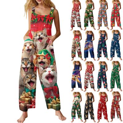Women's Casual Christmas Printed Jumpsuit Sleeveless Printed Cotton Jumpsuit