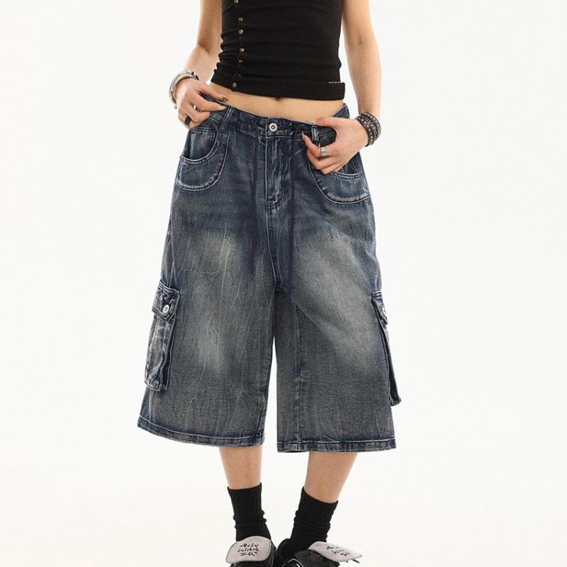 American Retro Women's Denim Capri Pants - Distressed, Multi-Pocket, Loose Straight Leg Design