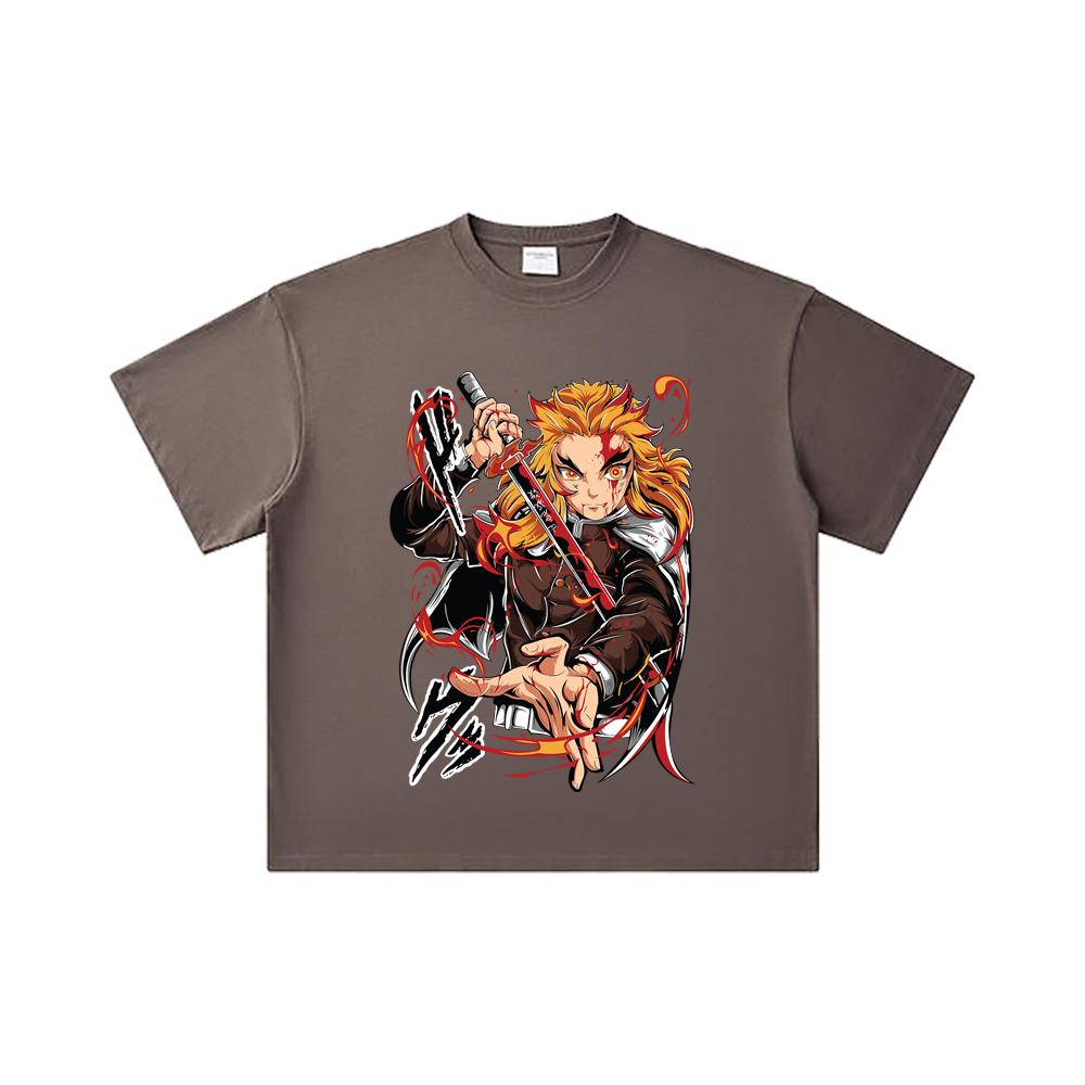 260 GSM Double Yarn 32 Count 100% Cotton Demon Slayer V85 Rengoku Print Unisex Heavy Cotton T Shirt