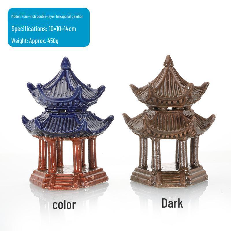 Akvárium Krajina Dekorace: Kamenná skalka absorbující vodu a ozdoba z keramického pavilonu na bonsai