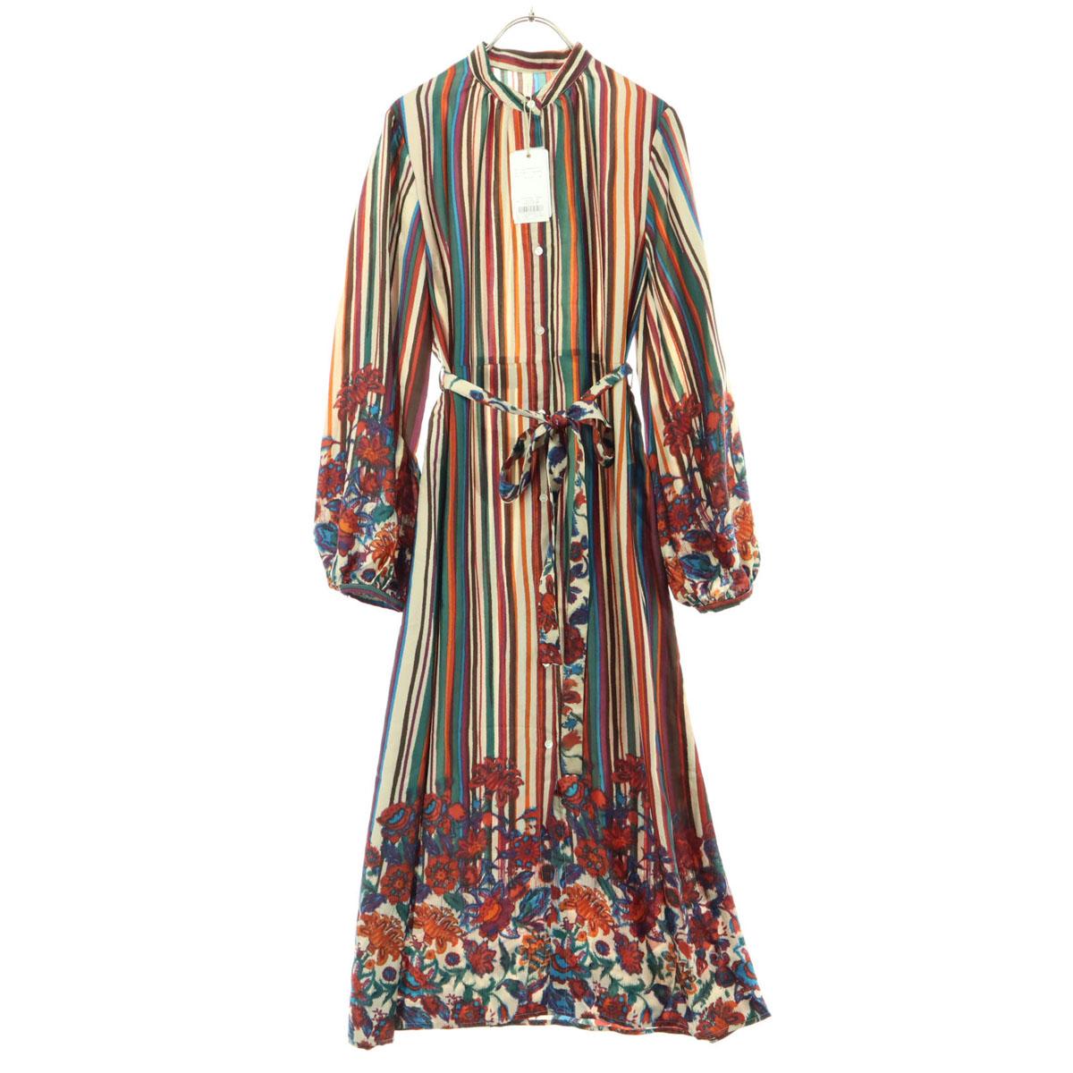 

unused Ungrid Stripe Pattern Floral Pattern Long sleeve gown F Beige Women Used