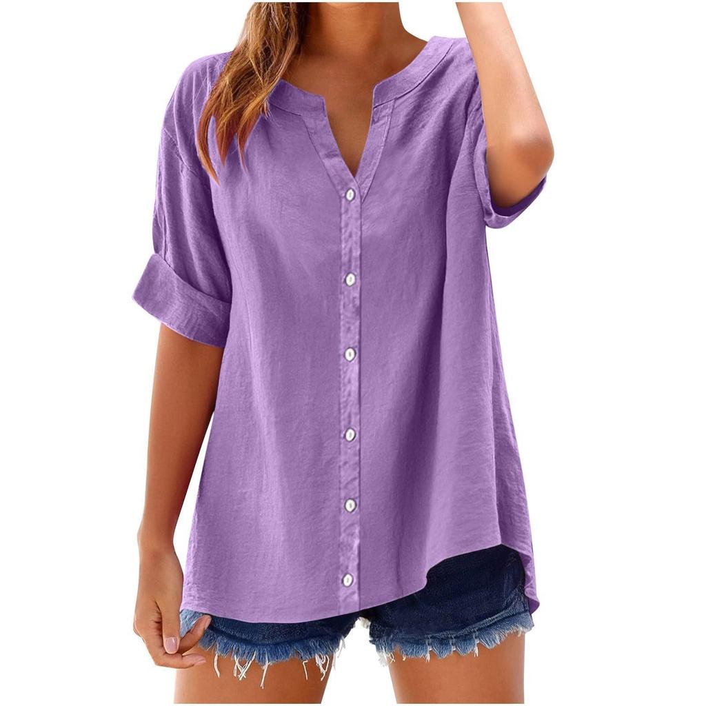 Spring and Summer New Button Shirt, Casual, Loose and Elegant Plus-size V-neck Top