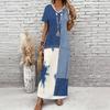 Women Plus Size V Neck Short Sleeve Printed Blue Straight Maxi Dress