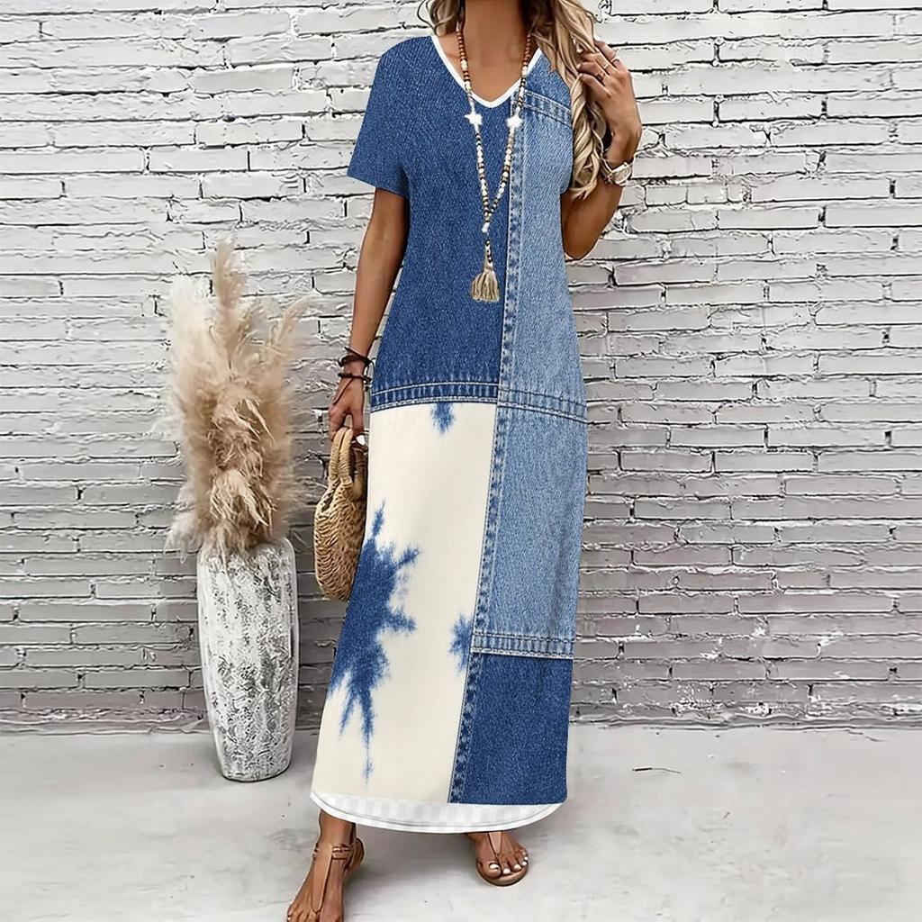 Women Plus Size V Neck Short Sleeve Printed Blue Straight Maxi Dress