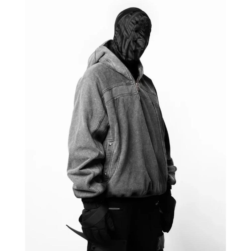 RogueWave Classic Balaclava Hoodie Men Washed Gray Ninja Pullover Sweatshirt Hip Hop Splicing Y2k Vintage Winter Streetwear Couple Tops