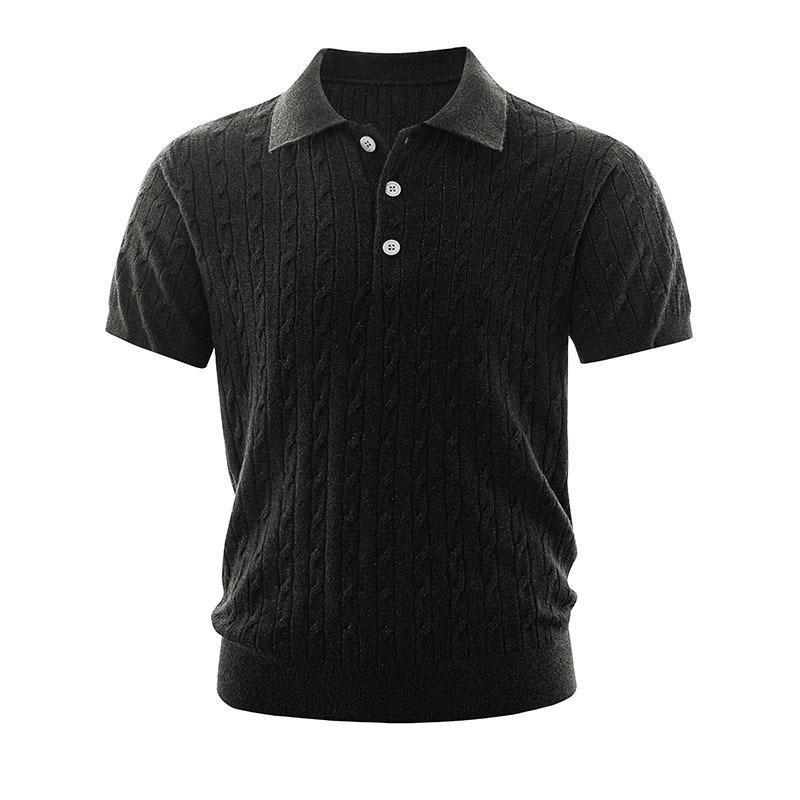 Men Business Casual Cable Knit Short Sleeve Collared Polo Shirt
