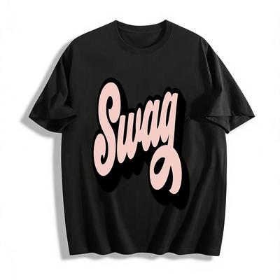 Swag Letter Print Casual T-shirt Unisex Street Style Loose Fit Crew Neck Comfort Top Pure Cotton T-shirt