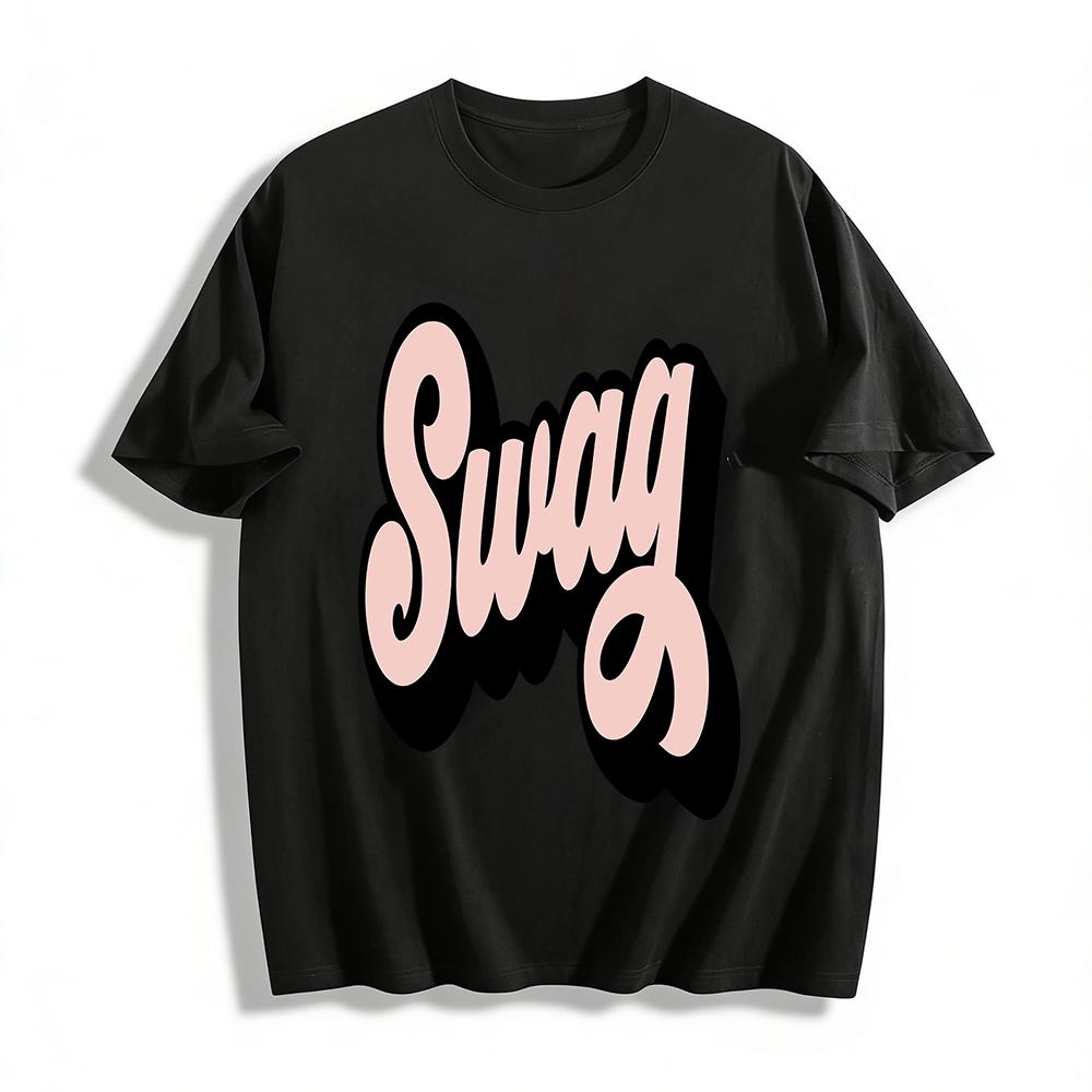 Swag Letter Print Casual T-shirt Unisex Street Style Loose Fit Crew Neck Comfort Top Pure cotton T-shirt XXS