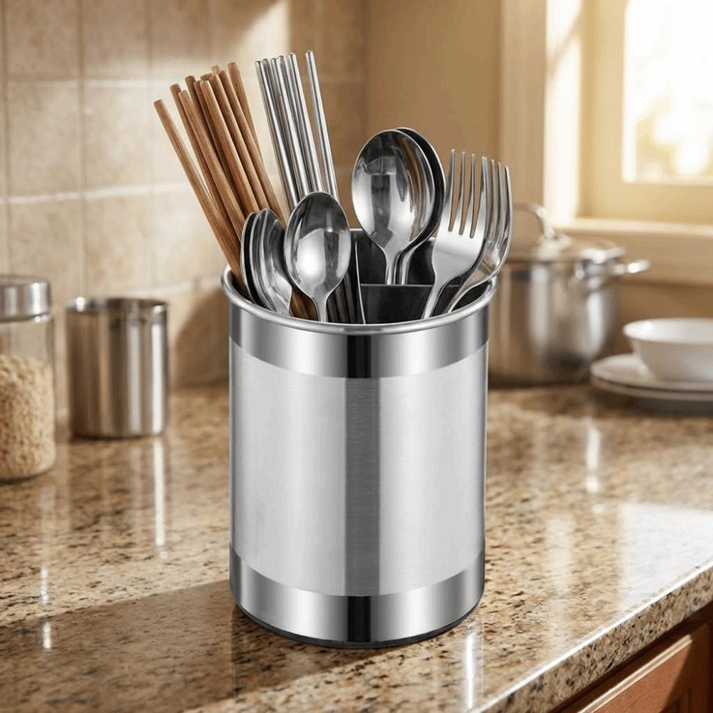 Stainless Steel Rotating Chopstick Tube Detachable Large Capacity Tableware Storage Bucket Space Saving 3 Divided
