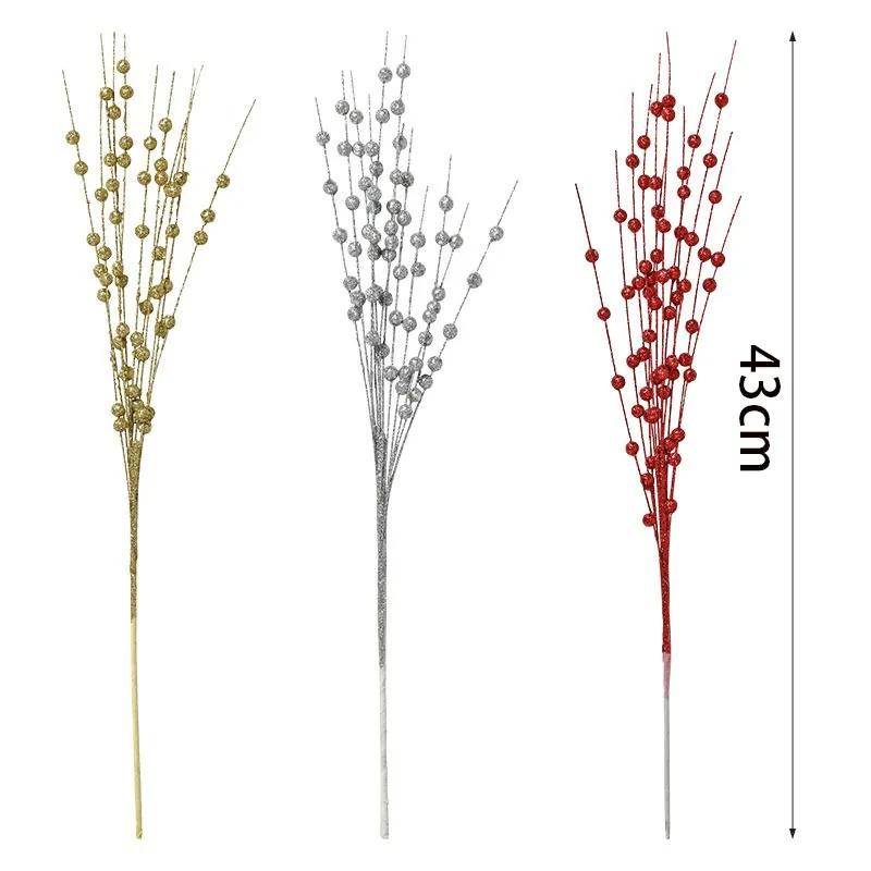 Artificial Flowers Christmas Berry Golden Branch Fake Plants Stem Tree Wreath DIY Home Christmas Wedding Decor Table Craft Gifts