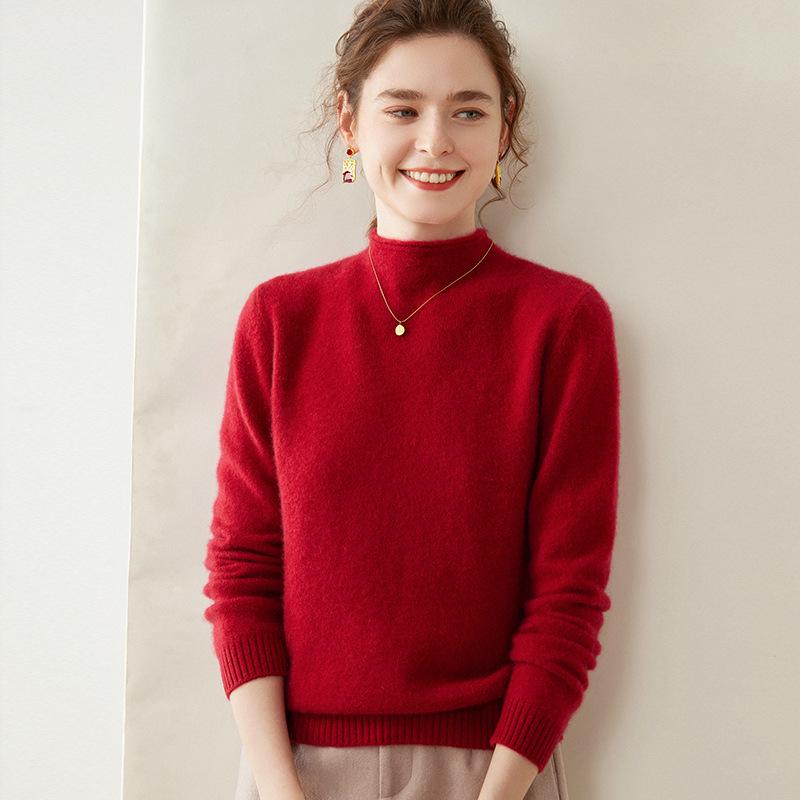 Women's Rolled Hem Wool Sweater - Autumn/Winter Casual, Versatile, Half-High Collar Knitwear