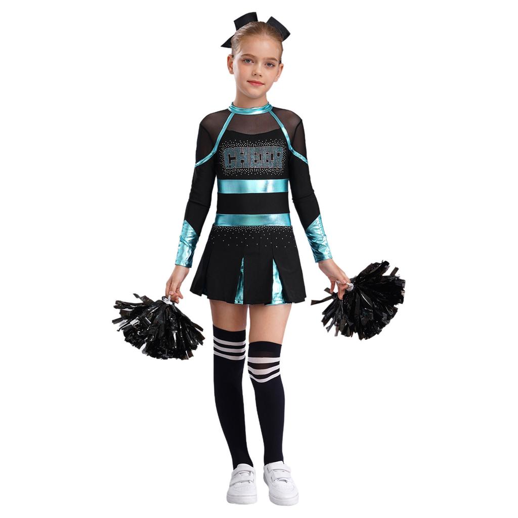 Girls Cheerleading Outfit Rhinestone Letter Design Metallic Color Patchwork Long Sleeve Pleated Dress Set