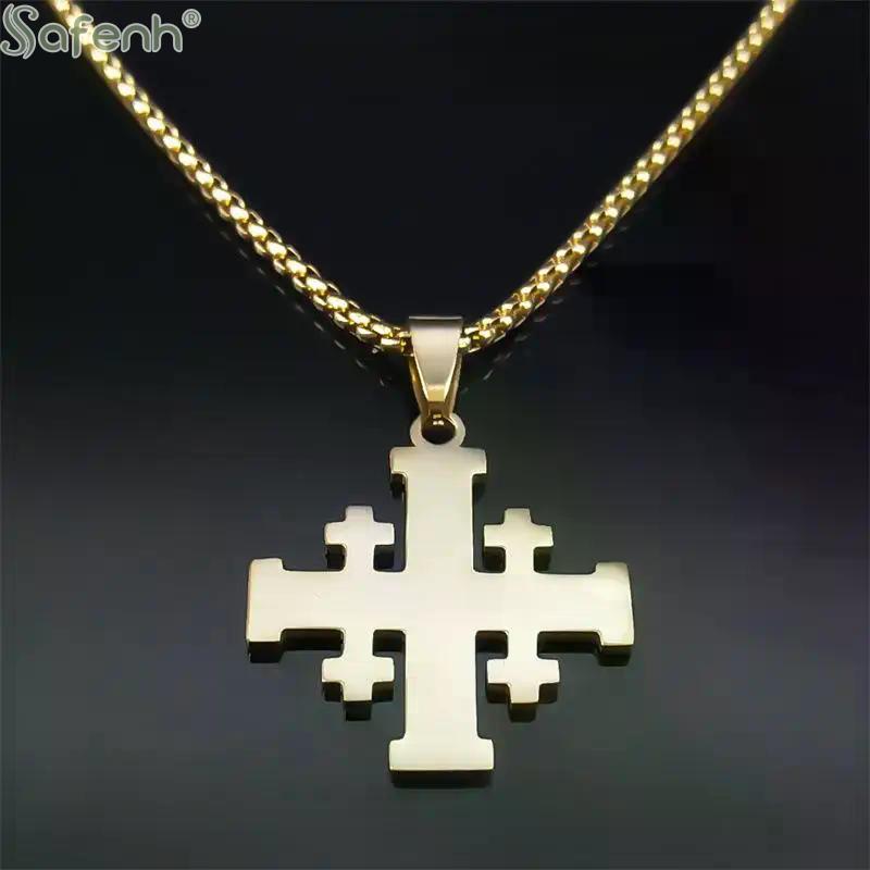 Christian Jerusalem Cross Pendant Necklace For Men Stainless Steel Bible Verse Lord's Prayer Chain Religious Jewelry Collar