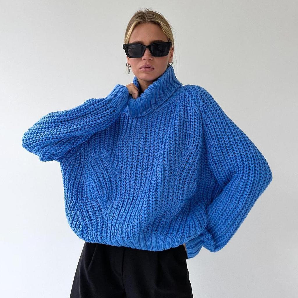 Autumn Winter Vintage Loose Long Sleeve Top Solid Color Pullover Knitwear Stand Collar Sweater