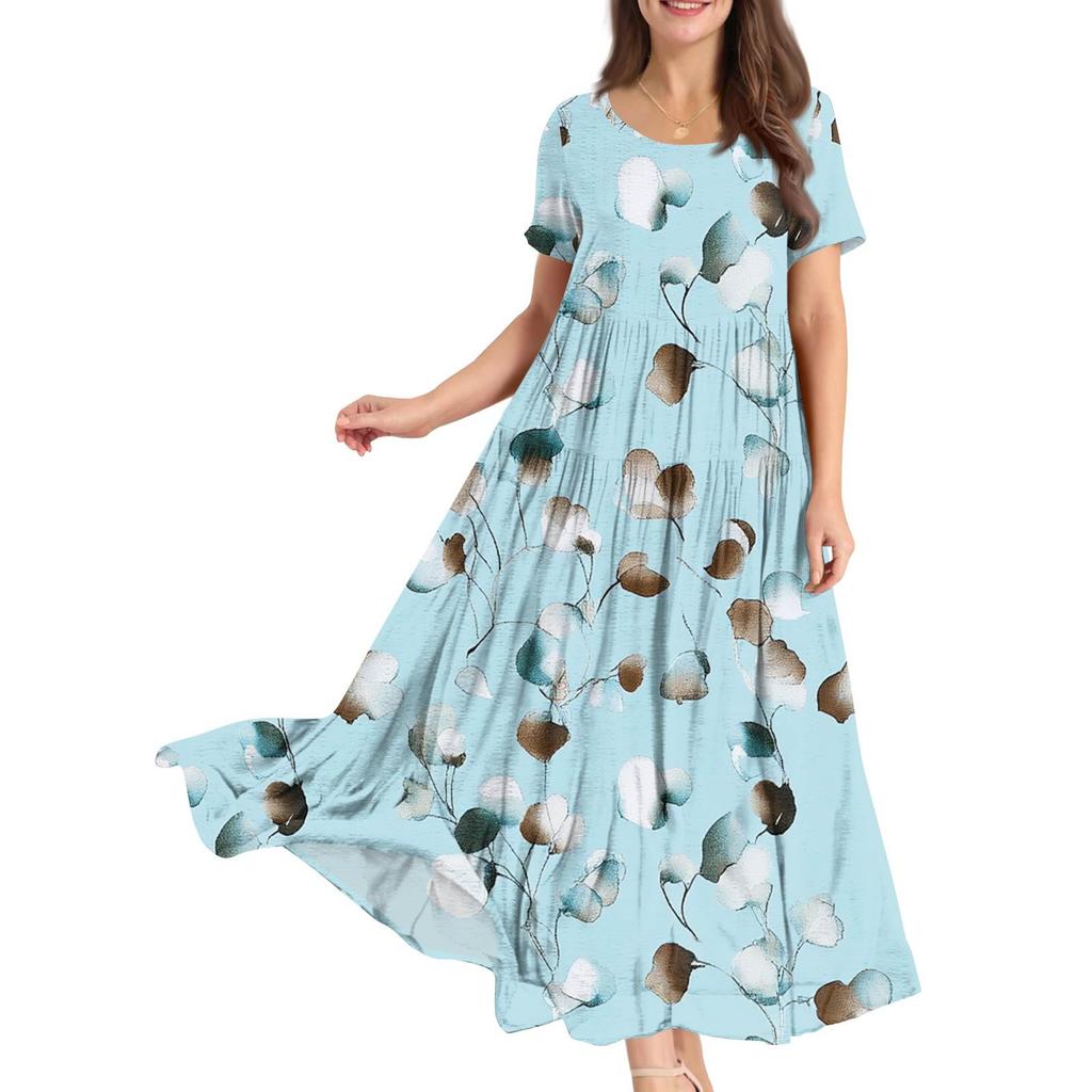 Dámské letní šaty s kulatým výstřihem, krátkým rukávem, květinovým potiskem, boho, volné