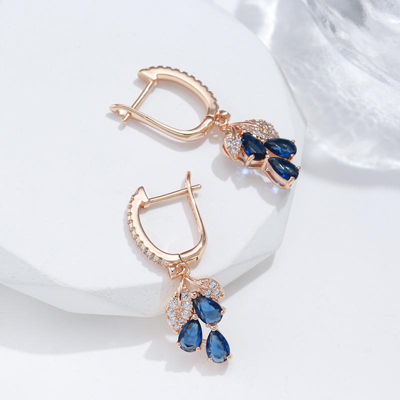 Kienl New  Rose Gold Color Long Earring For Women Vintage Blue Natural Zircon Flower Drop Earring High Quality Daily Jewelry