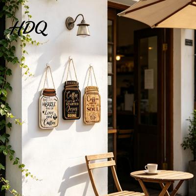 Coffee Bar Accessories 3Pcs Wooden Mason Jar Hanging Sign Rustic Theme Wall Decor with American