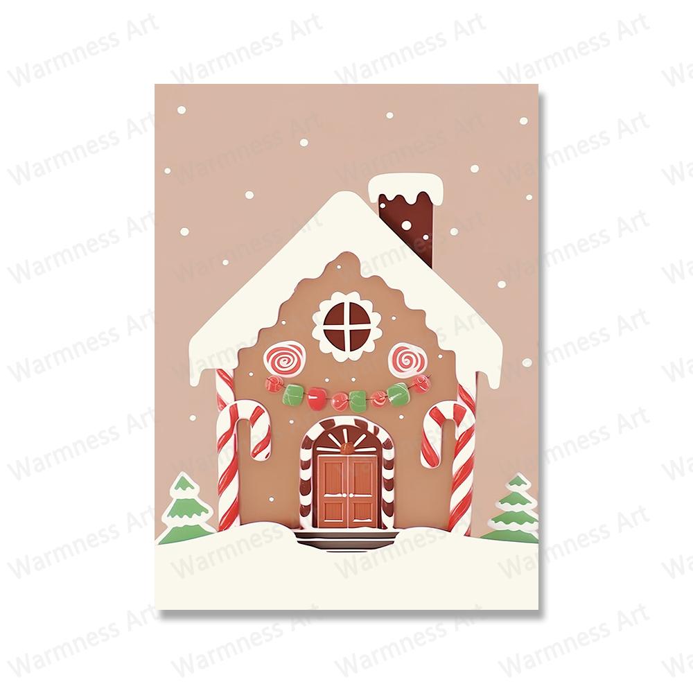 Pink Christmas Tree Snowman House Posters Canvas Painting Wall Art Pictures Winter Holiday Prints for Home Farmhouse Decoration