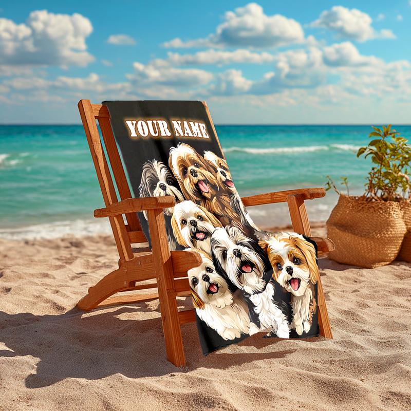1PC Custom Name "Shih Tzu Puppies Portrait" Beach Towel Highly Absorbent And Sand-Resistant Towel for Swimming, Pool, Yoga, And Travel Lightweight