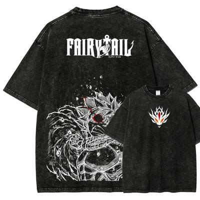 Natsu Print Tshirt Anime Fairy Tail Clothing Men Women Short Sleeve Tshirts Washed Cotton T Shirt Harajuku Male Vintage Tops